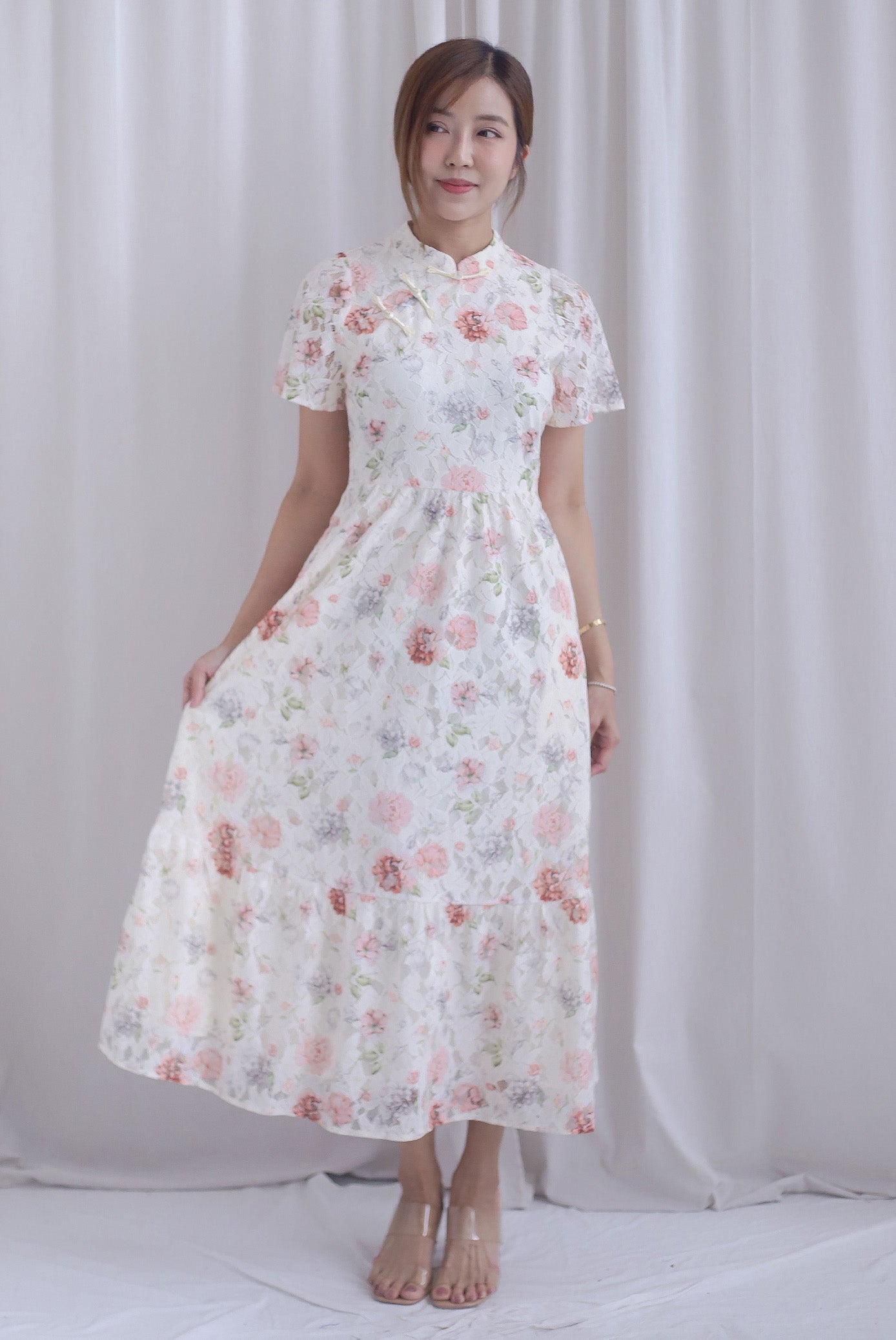 Francesca Oriental Lace Flare Cheong Sam Dress In Pink