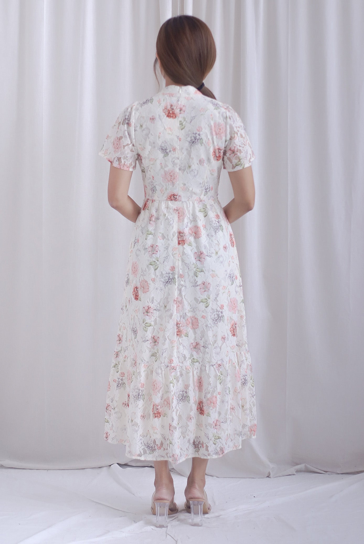 Francesca Oriental Lace Flare Cheong Sam Dress In Pink