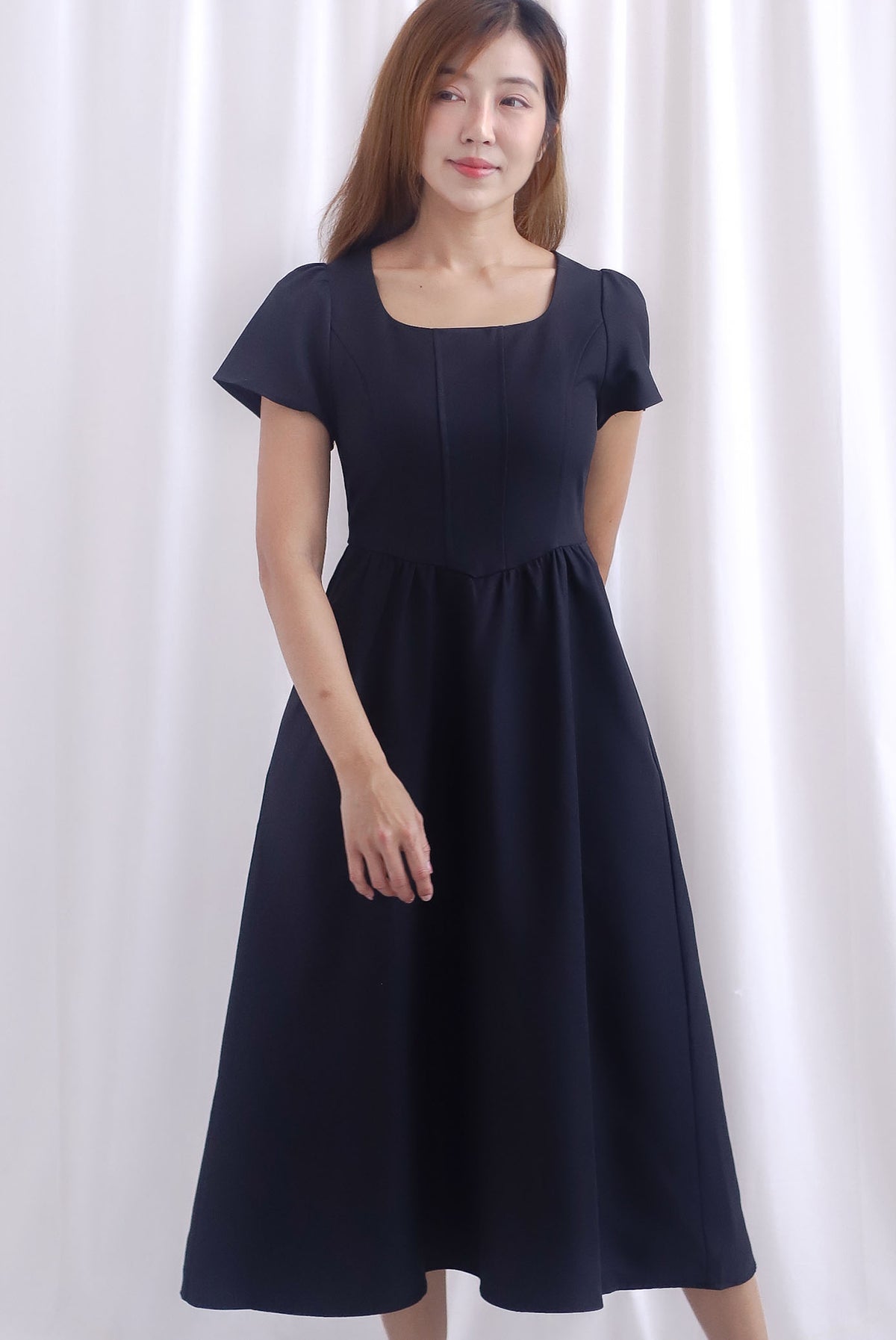 Gabrielle Panel Empire Waist Midi Skater Dress In Black
