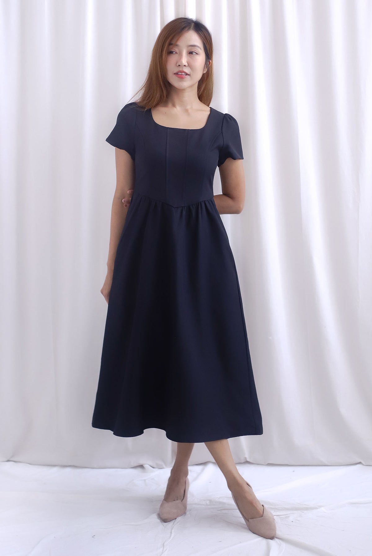 Gabrielle Panel Empire Waist Midi Skater Dress In Black