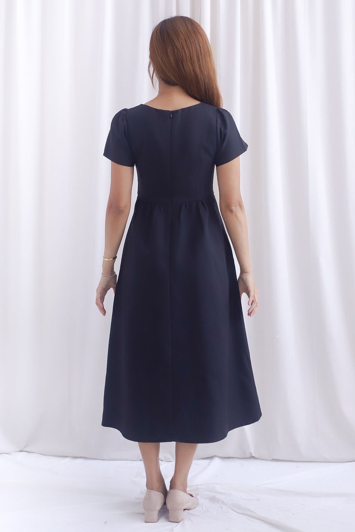 Gabrielle Panel Empire Waist Midi Skater Dress In Black