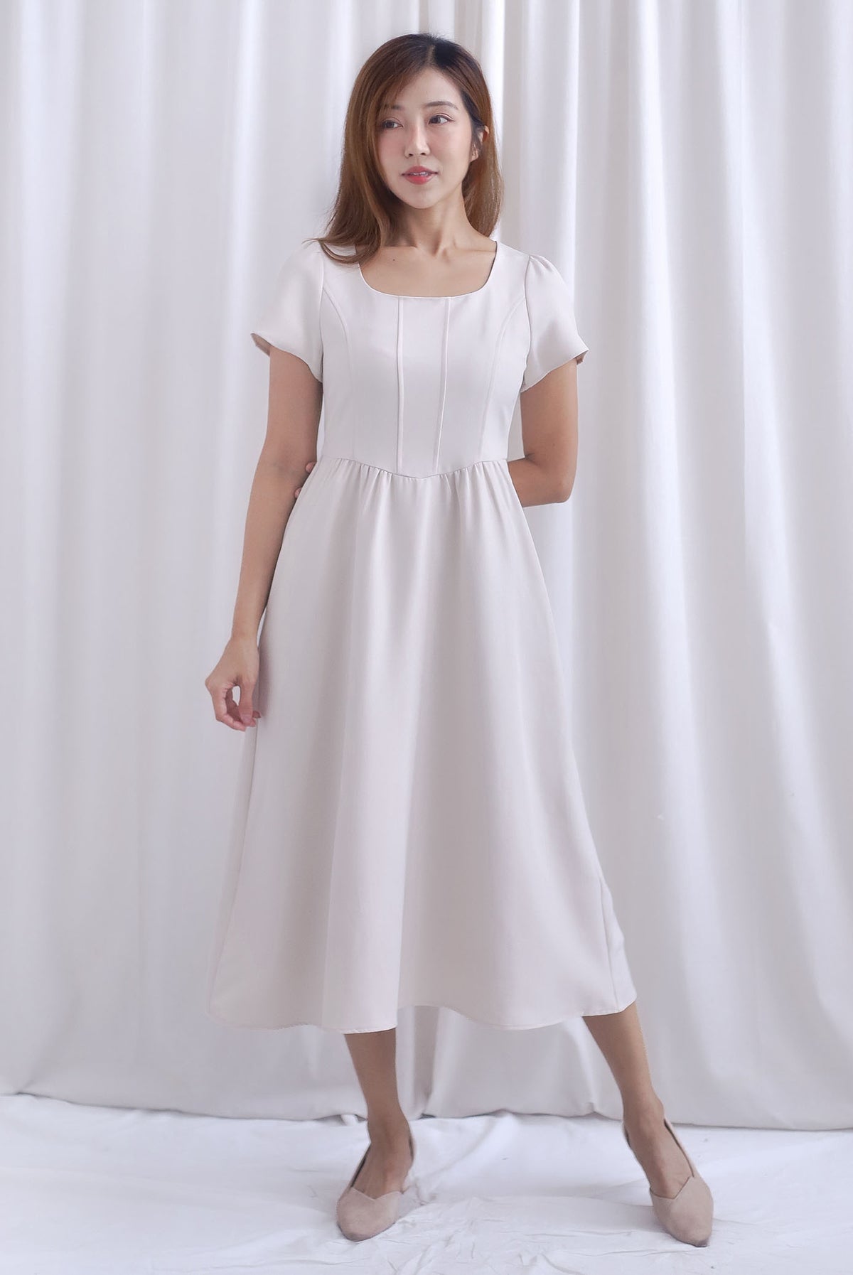 Gabrielle Panel Empire Waist Midi Skater Dress In Cream