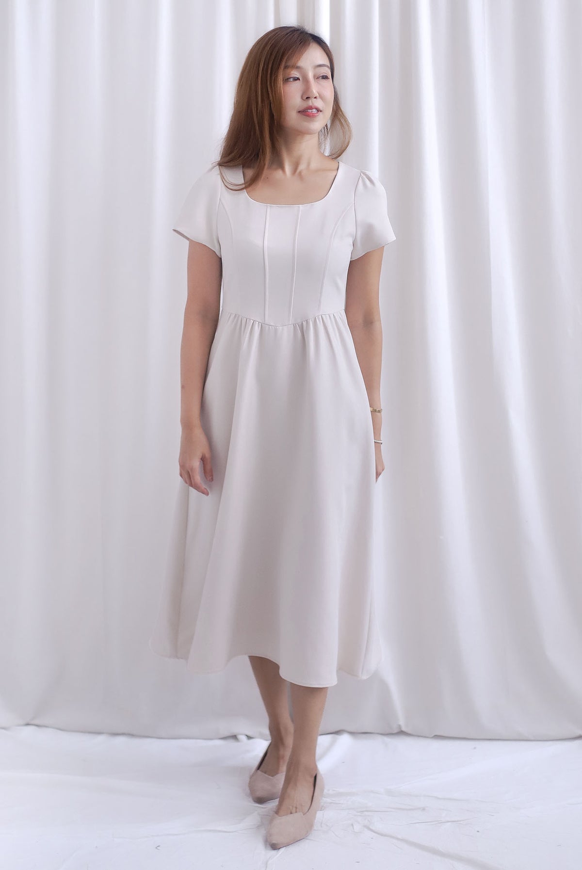 Gabrielle Panel Empire Waist Midi Skater Dress In Cream