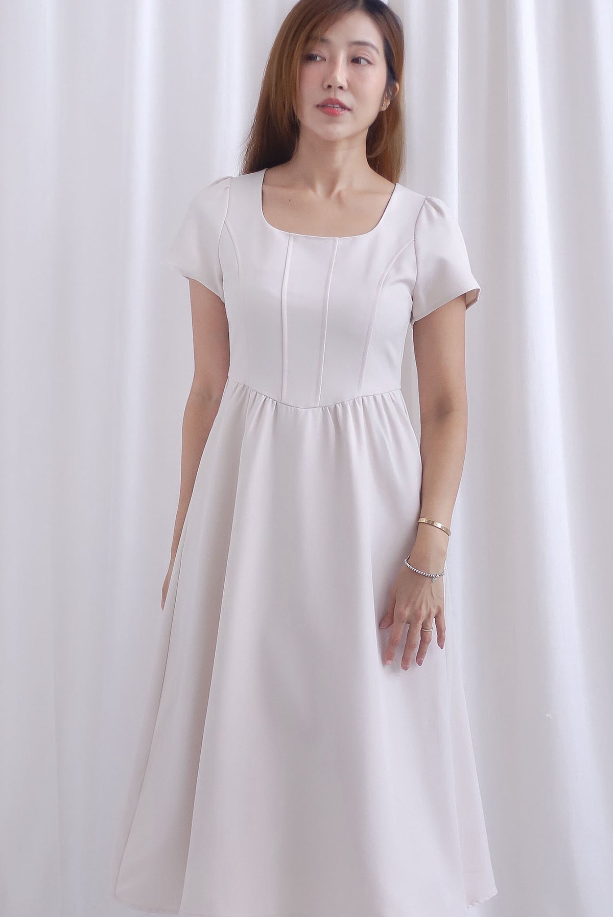 Gabrielle Panel Empire Waist Midi Skater Dress In Cream