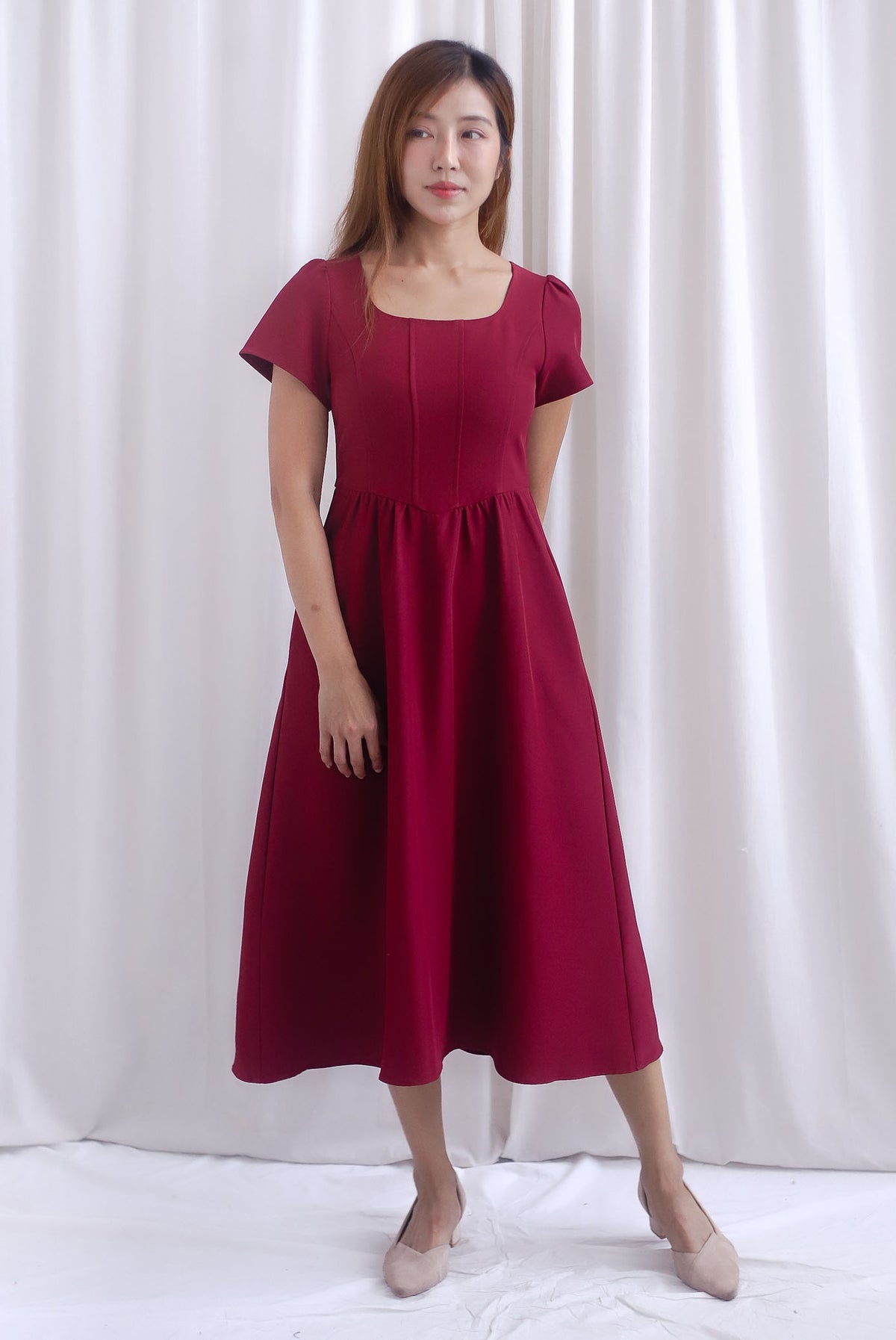 Gabrielle Panel Empire Waist Midi Skater Dress In Wine Red