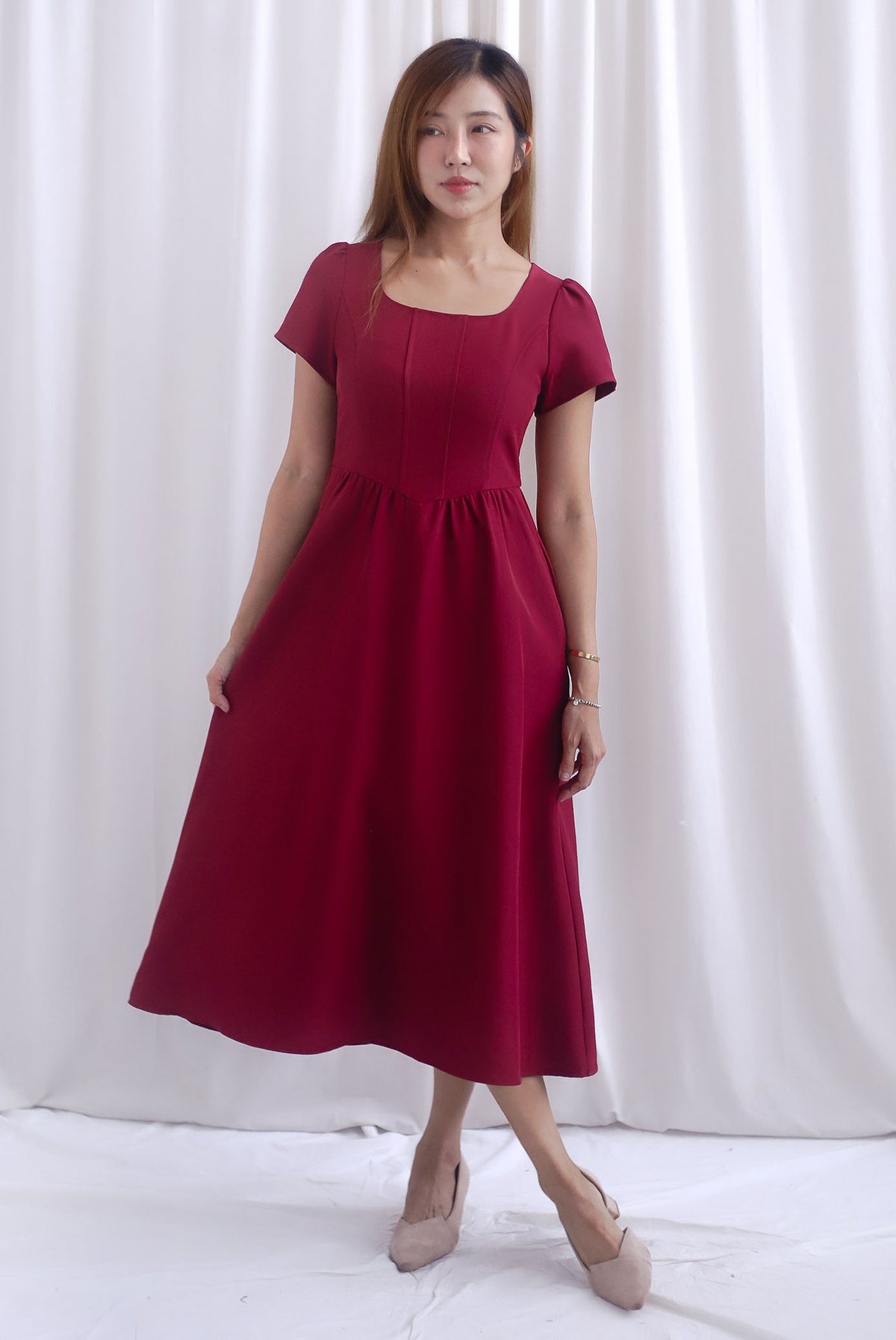 Gabrielle Panel Empire Waist Midi Skater Dress In Wine Red