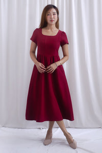 Gabrielle Panel Empire Waist Midi Skater Dress In Wine Red