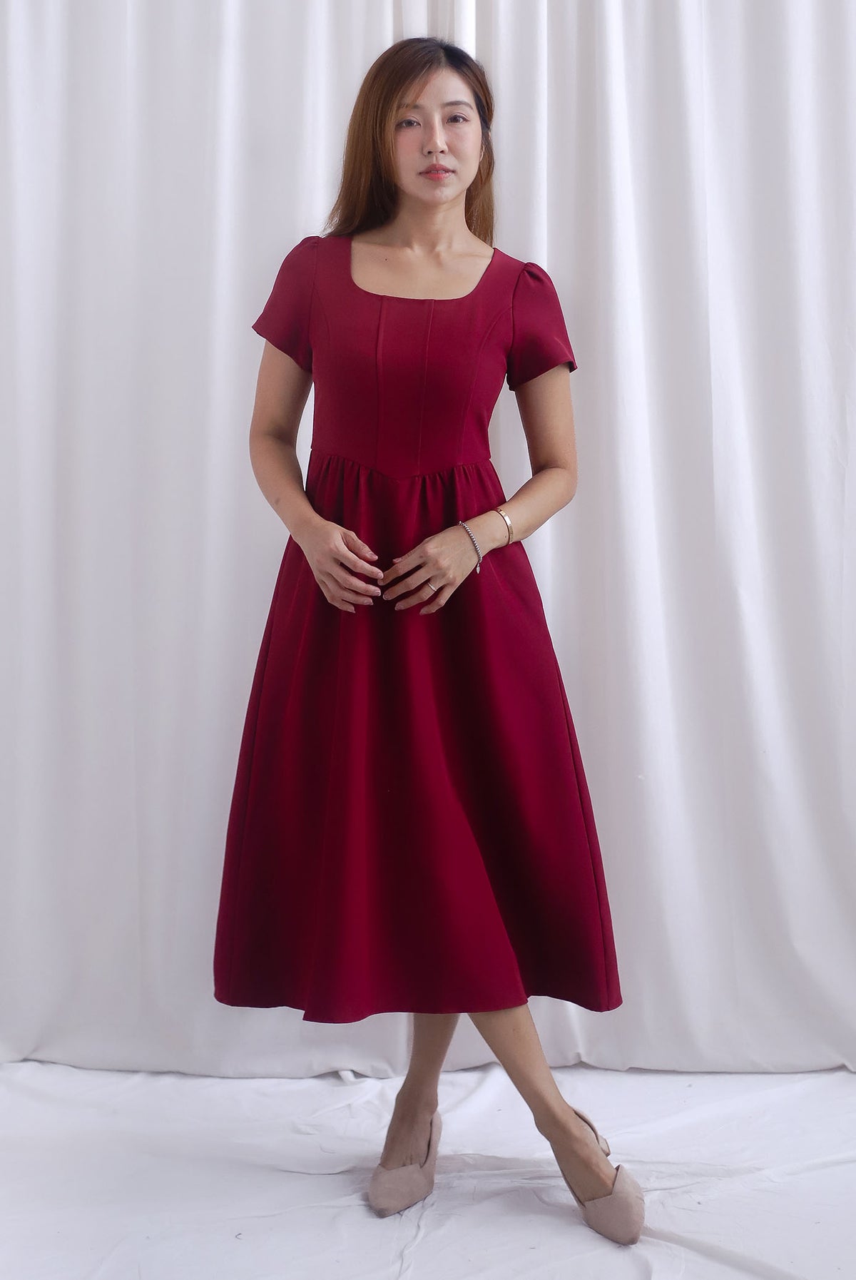 Gabrielle Panel Empire Waist Midi Skater Dress In Wine Red