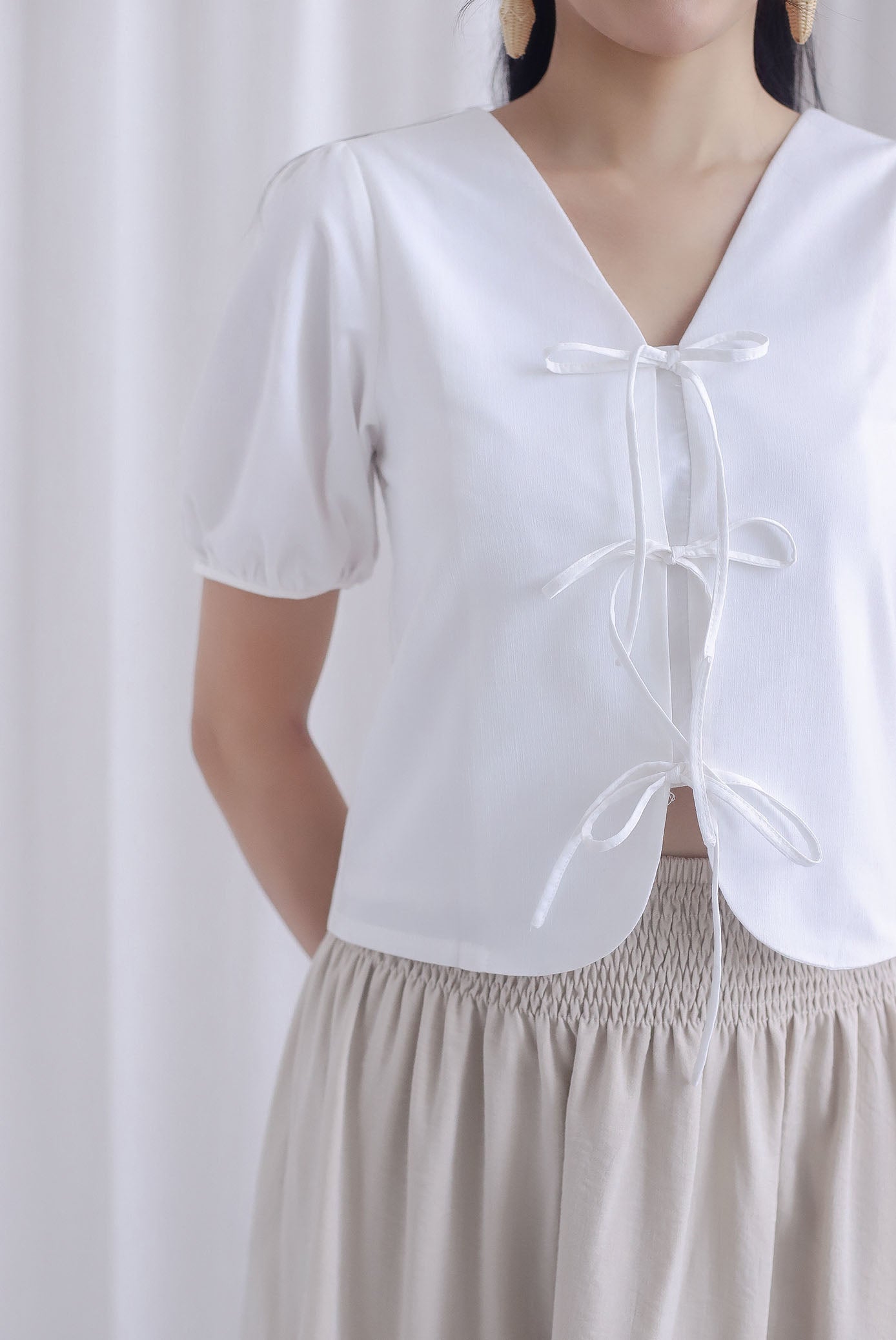 *Restocked* Gail Ribbons Front Top In White