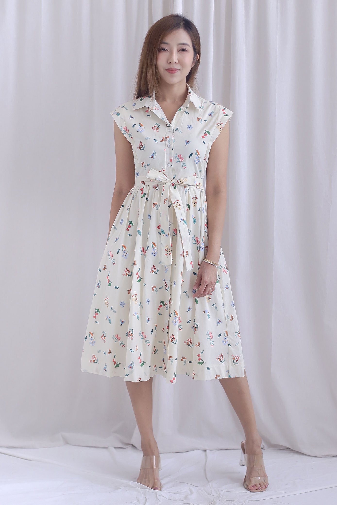 Garden Prints Buttons Down Shirt Dress In Cream