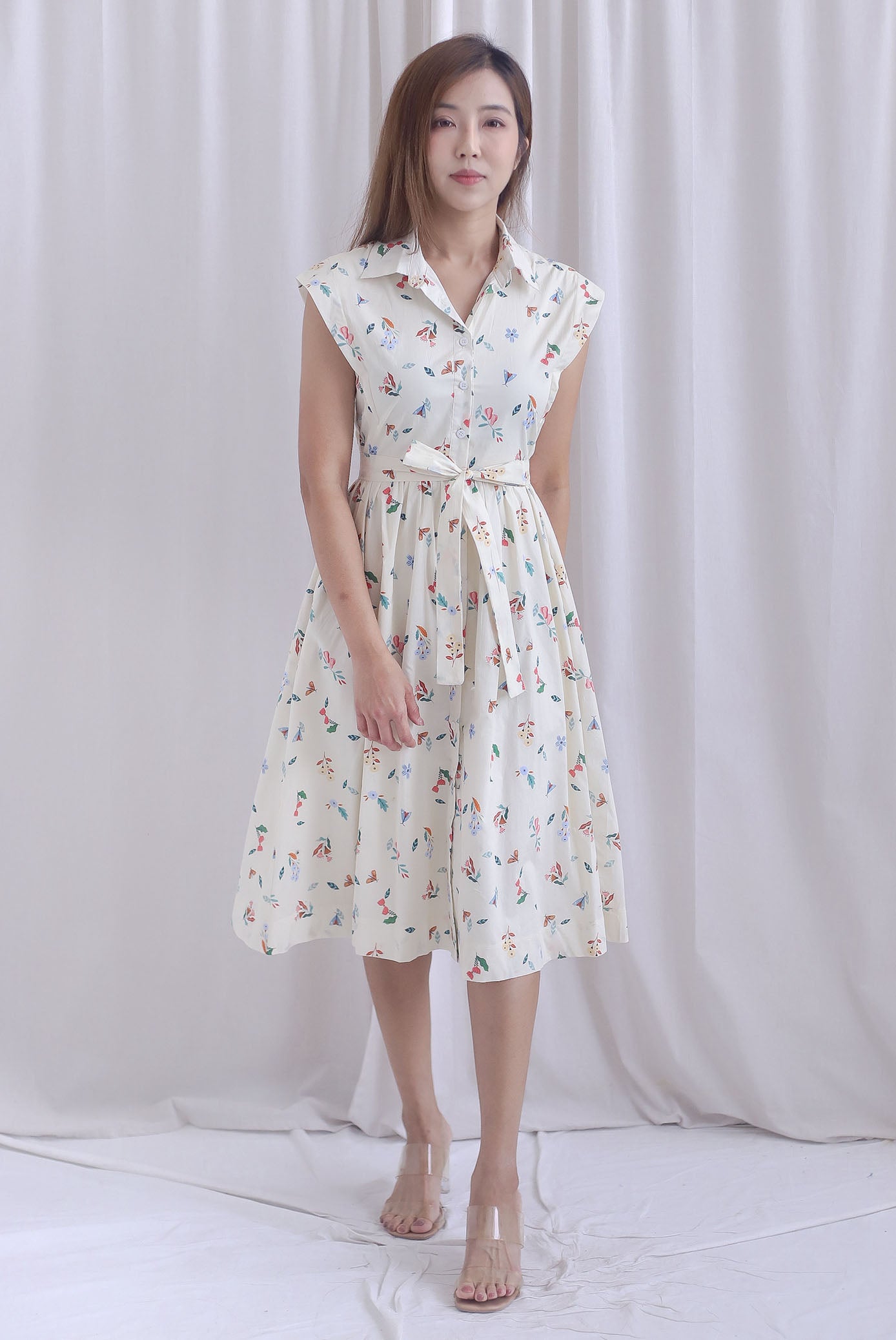 Garden Prints Buttons Down Shirt Dress In Cream