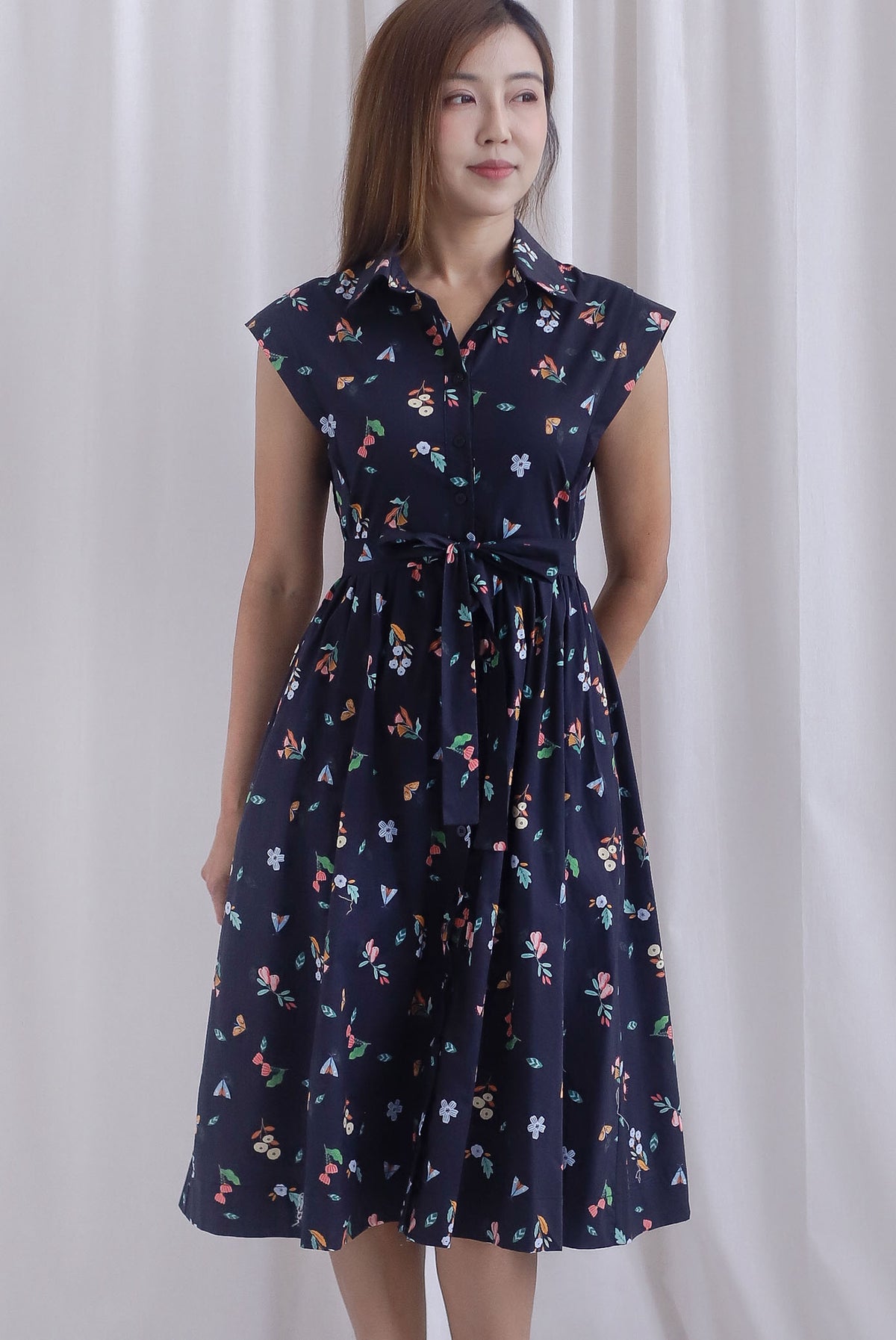 Garden Prints Buttons Down Shirt Dress In Midnight Blue