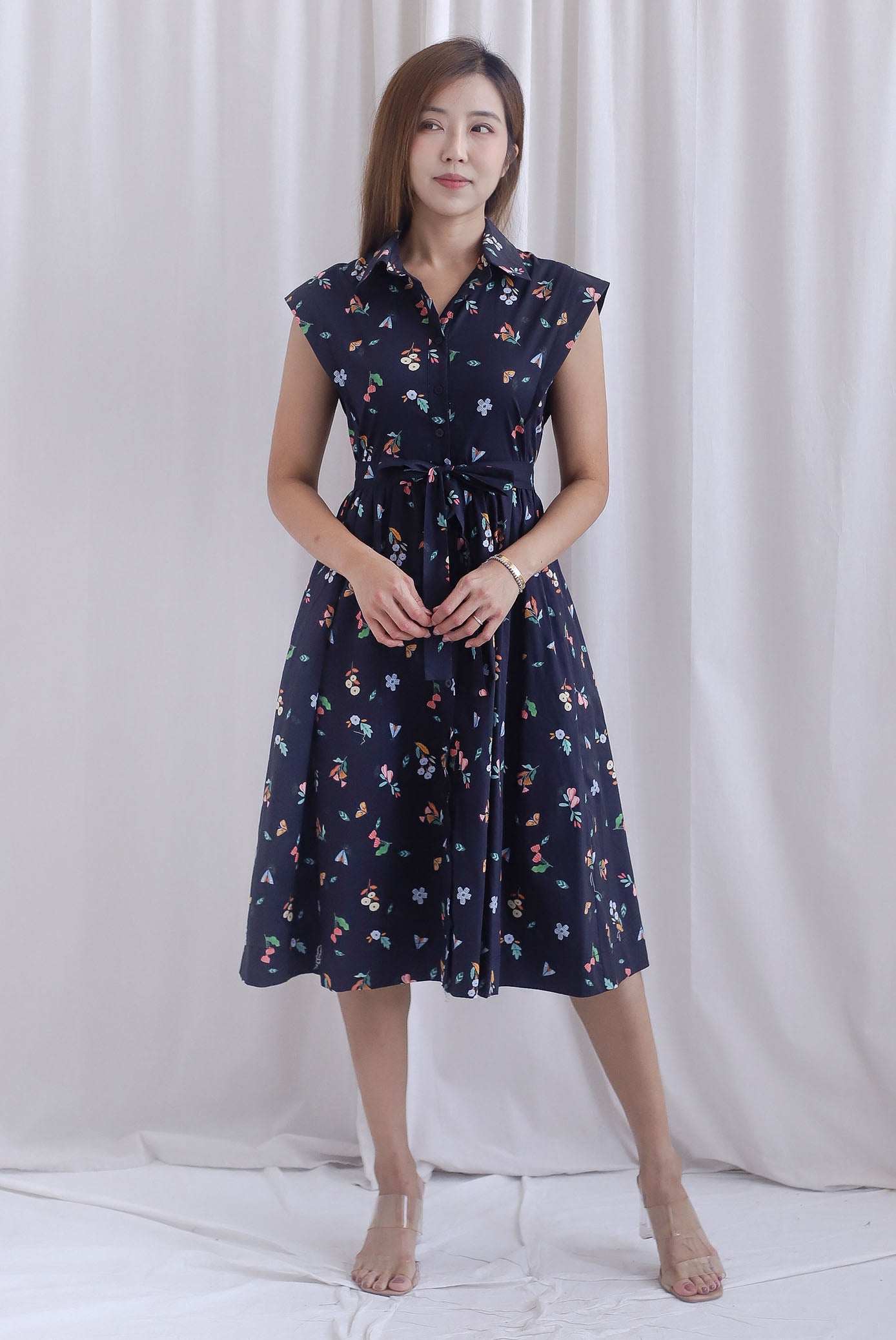 Garden Prints Buttons Down Shirt Dress In Midnight Blue