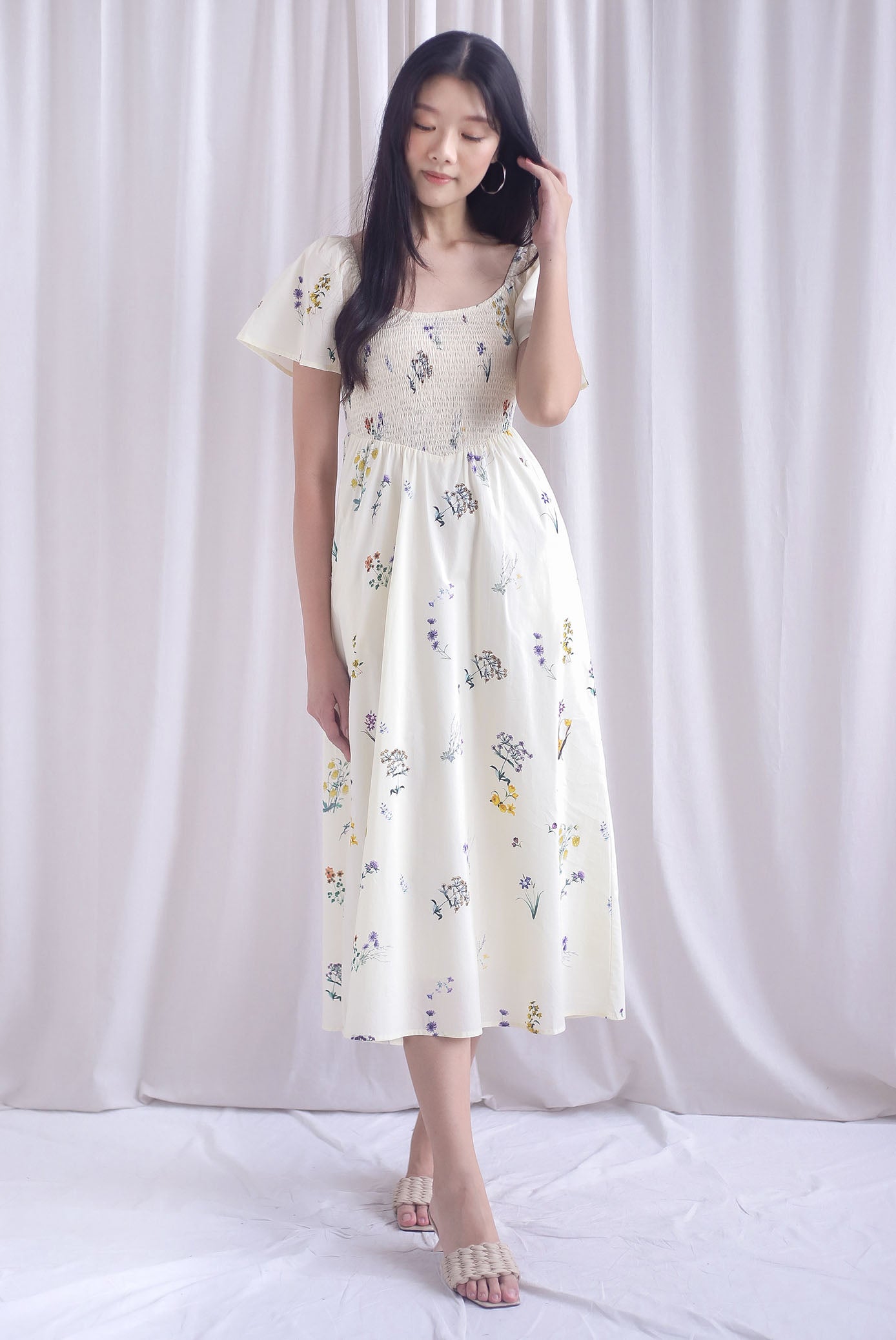 Gemma Scoop Neck Smocked Maxi Dress In Cream Floral