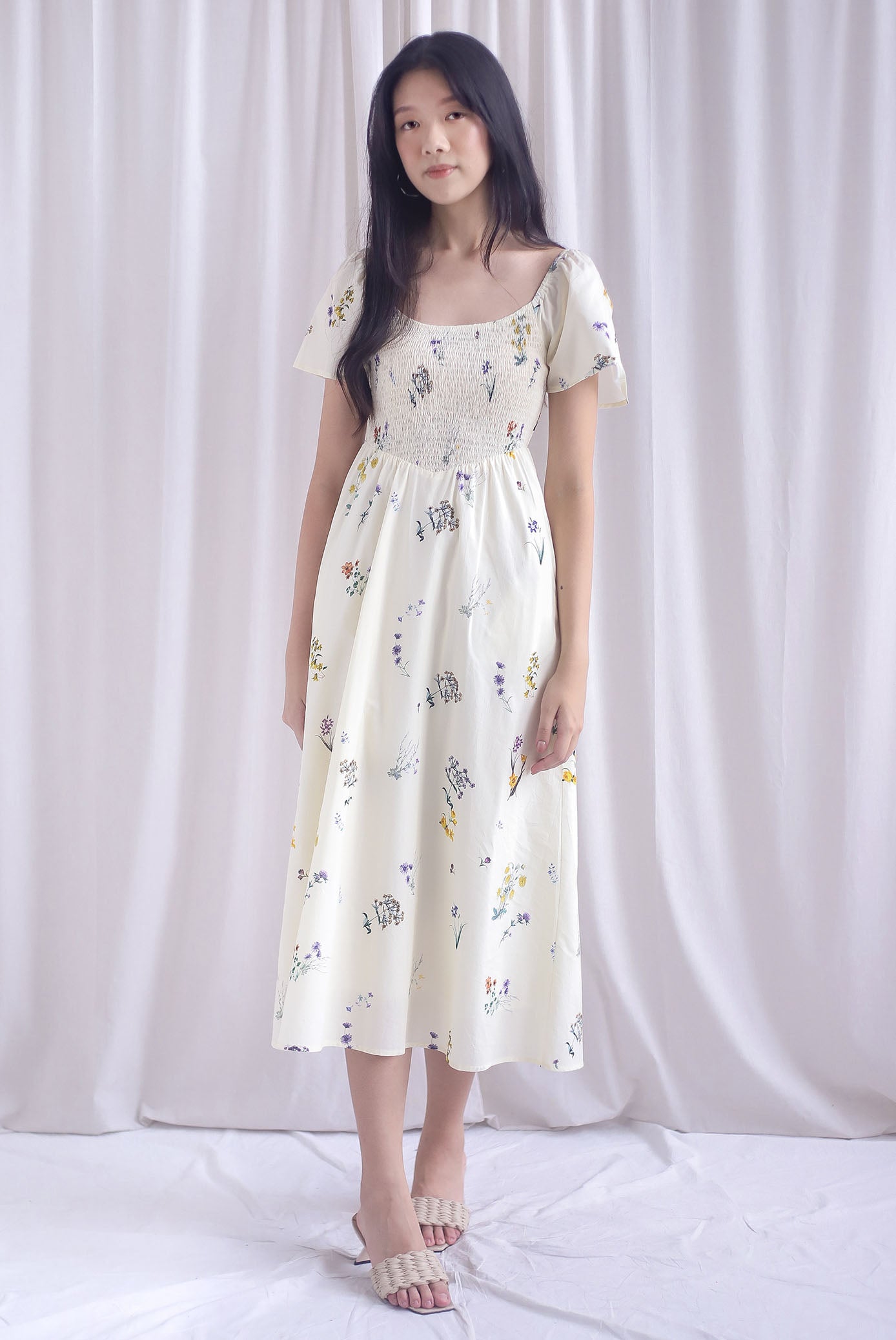 Gemma Scoop Neck Smocked Maxi Dress In Cream Floral