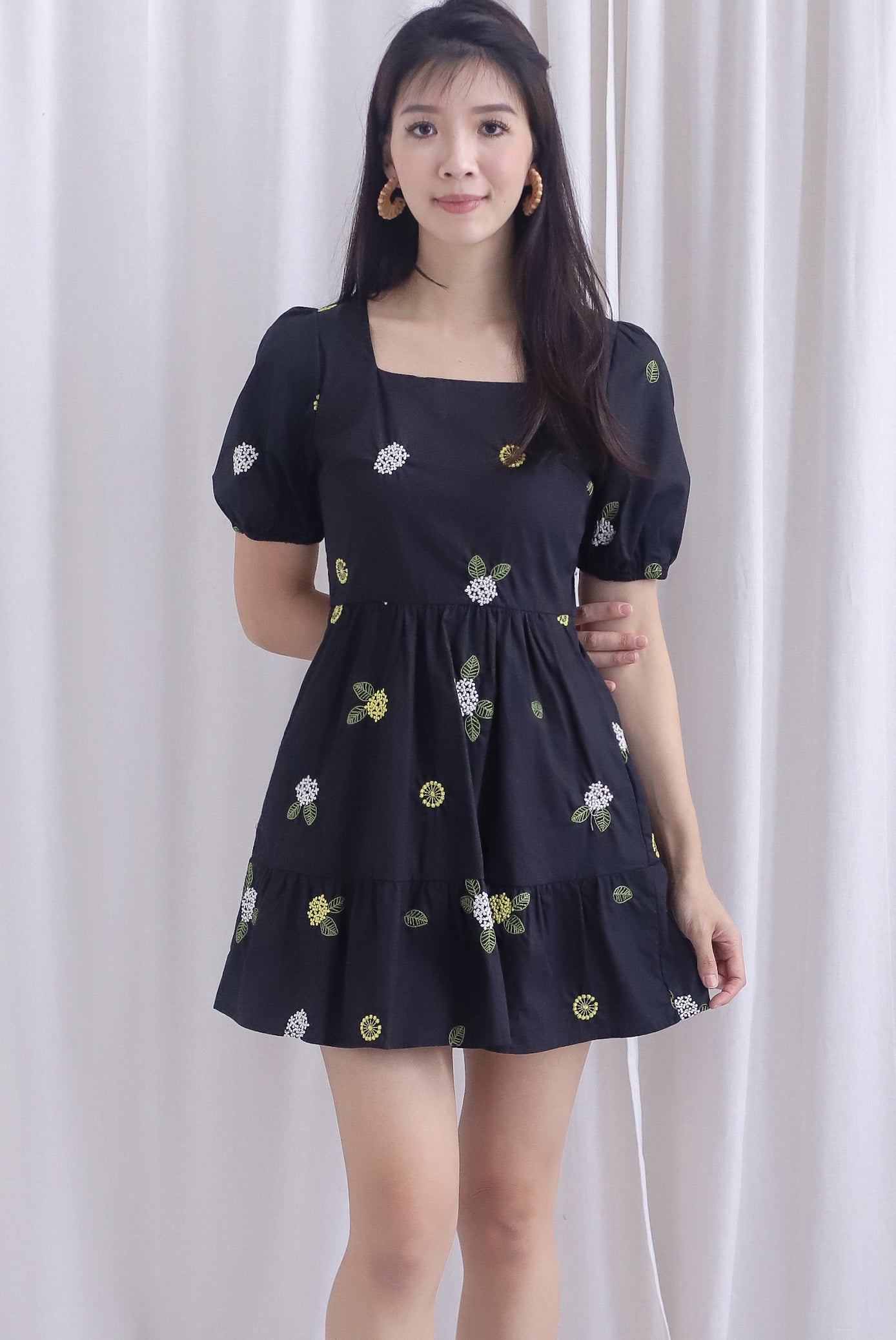 Geraldean Embro Puffy Sleeve Babydoll Romper Dress In Black