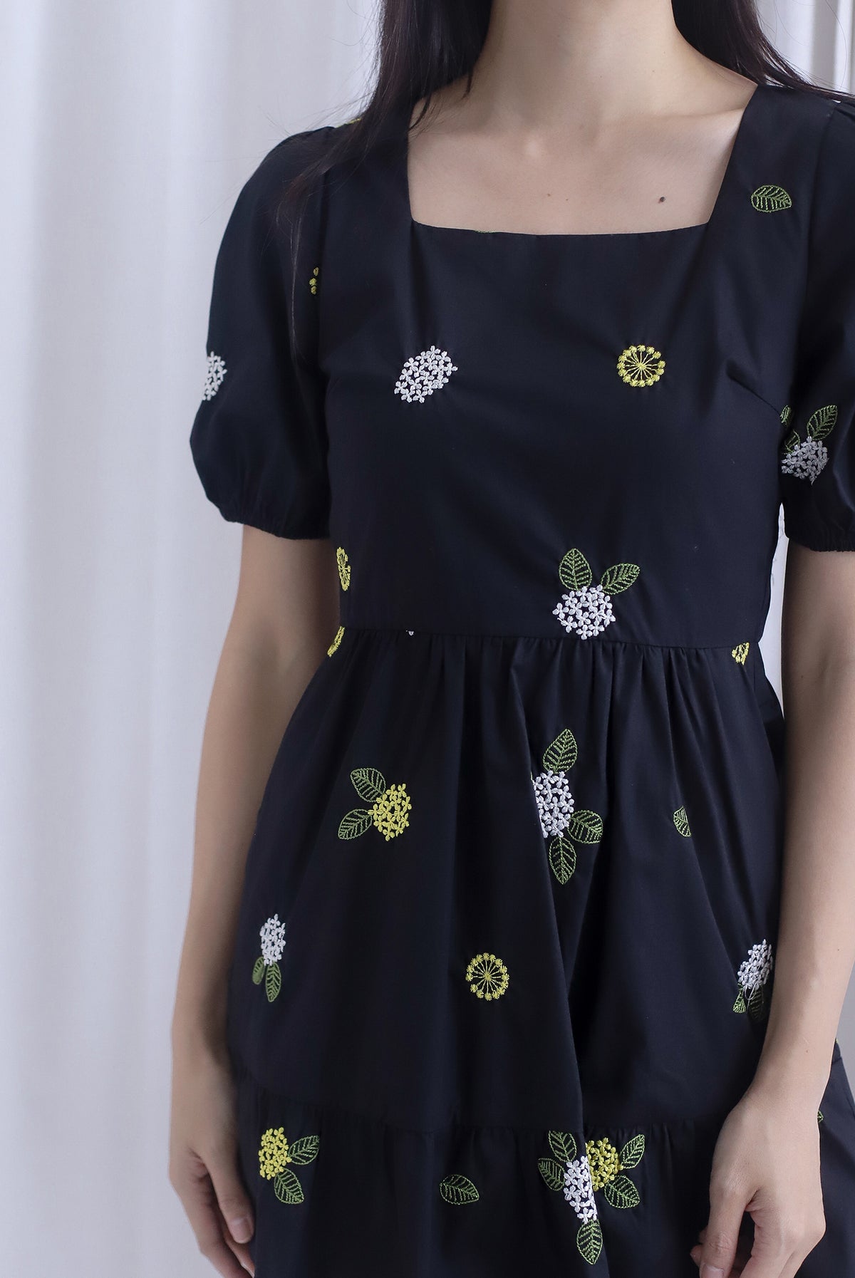 Geraldean Embro Puffy Sleeve Babydoll Romper Dress In Black