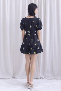 Geraldean Embro Puffy Sleeve Babydoll Romper Dress In Black