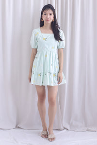 Geraldean Embro Puffy Sleeve Babydoll Romper Dress In Mint Green