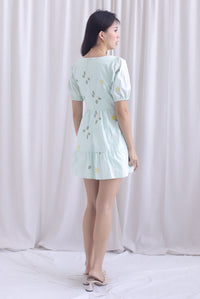 Geraldean Embro Puffy Sleeve Babydoll Romper Dress In Mint Green