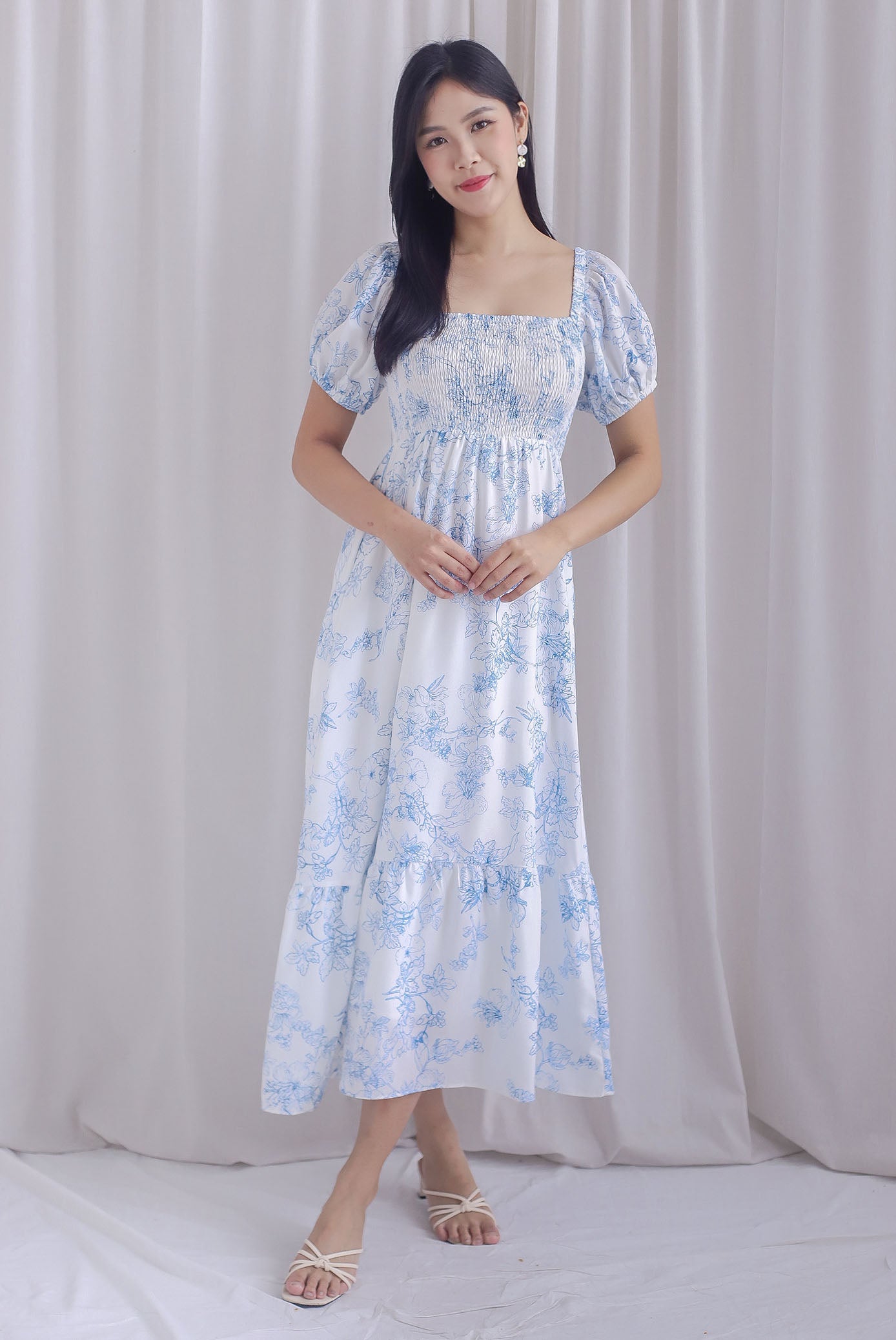 Gianna Smocked Puffy Sleeve Dress In Blue Porcelain The Design Closets Gianna Smocked Puffy Sleeve Dress In Blue Porcelain The Design Closets