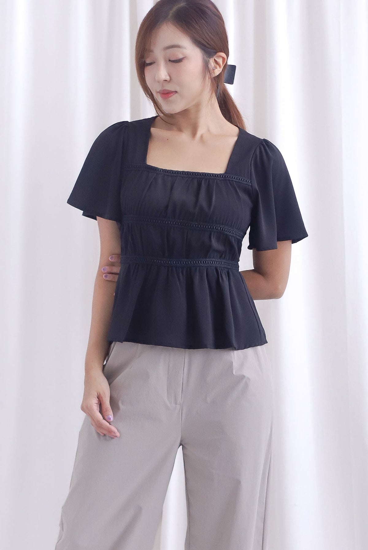 [BY TDC LABEL] Giselle Flutter Sleeve Lattice Top In Black
