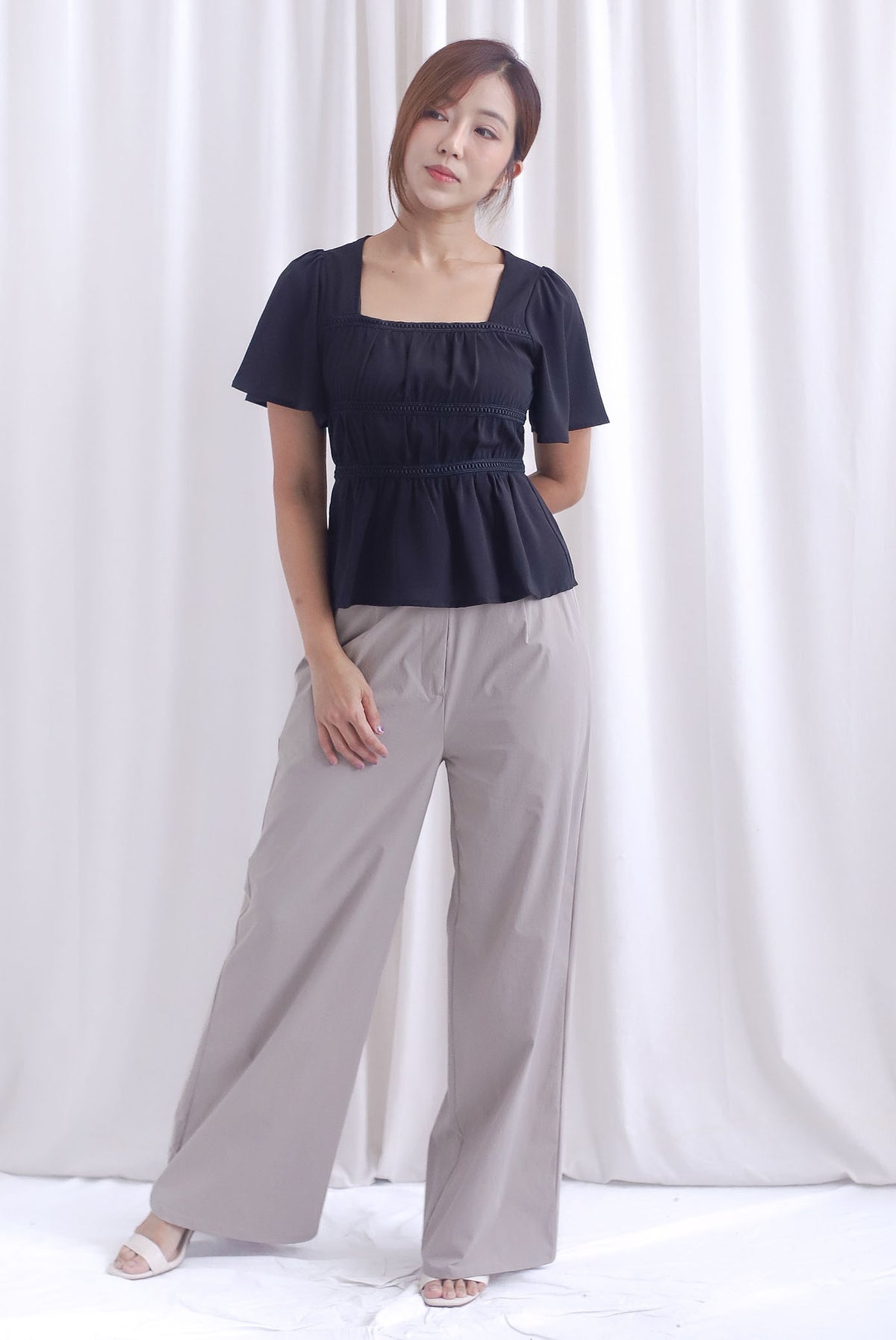 [BY TDC LABEL] Giselle Flutter Sleeve Lattice Top In Black