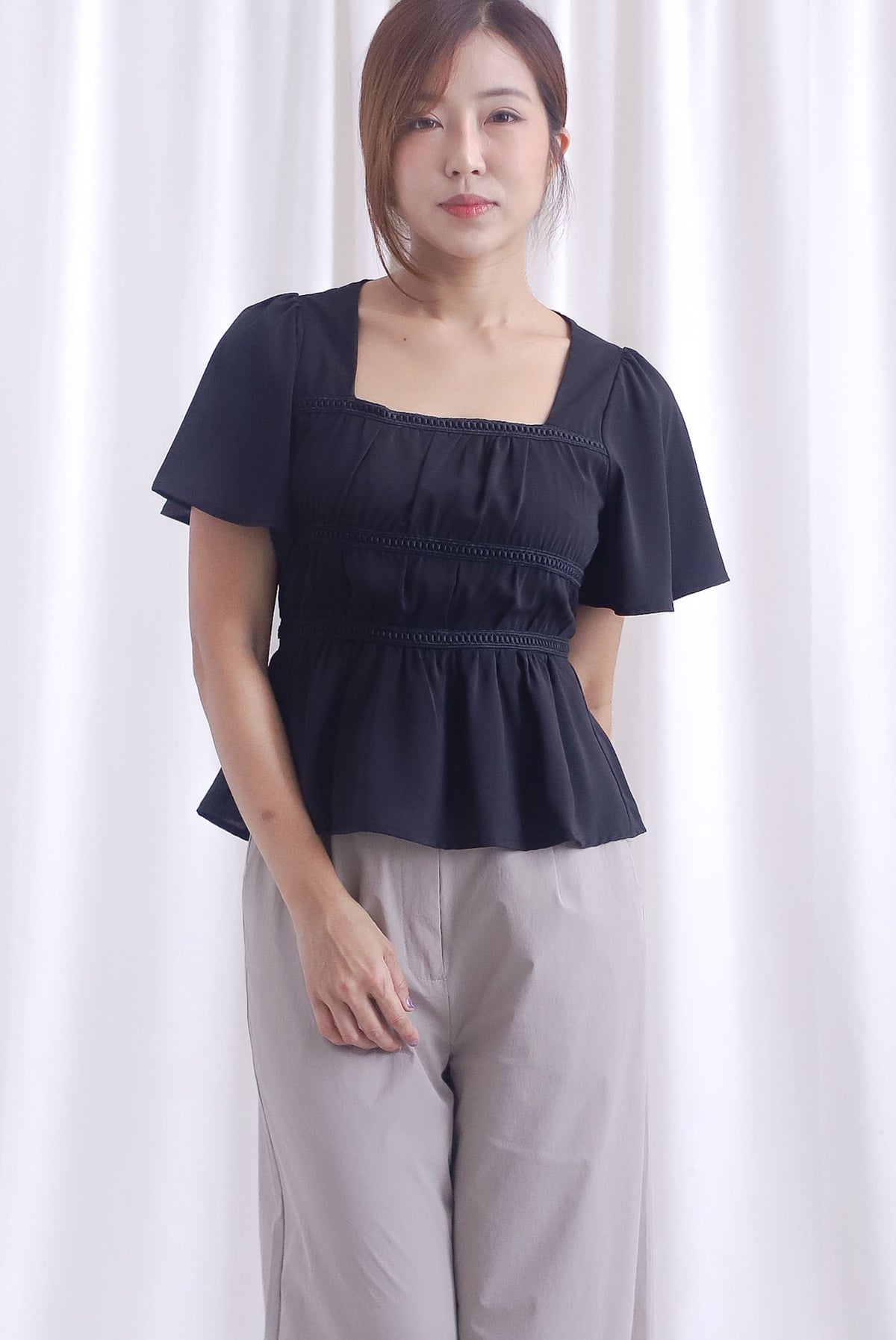 [BY TDC LABEL] Giselle Flutter Sleeve Lattice Top In Black