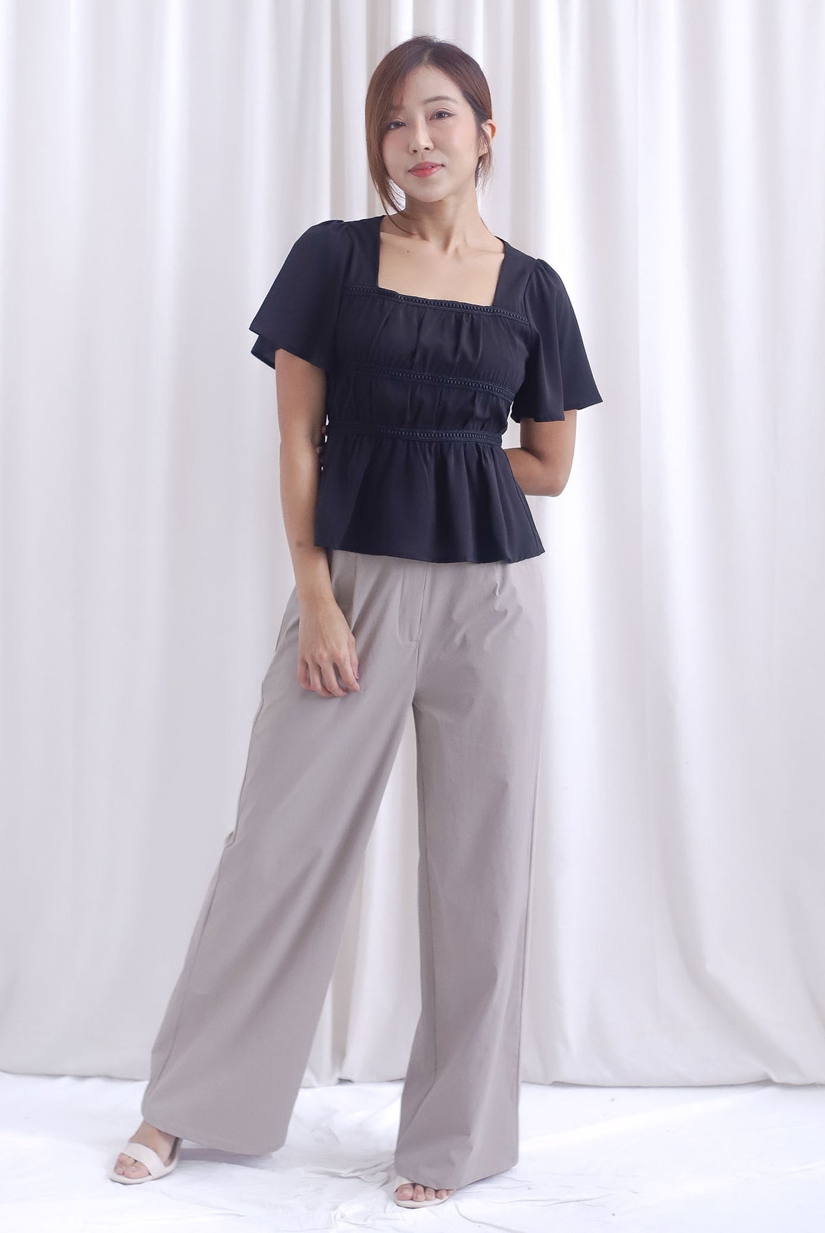 [BY TDC LABEL] Giselle Flutter Sleeve Lattice Top In Black