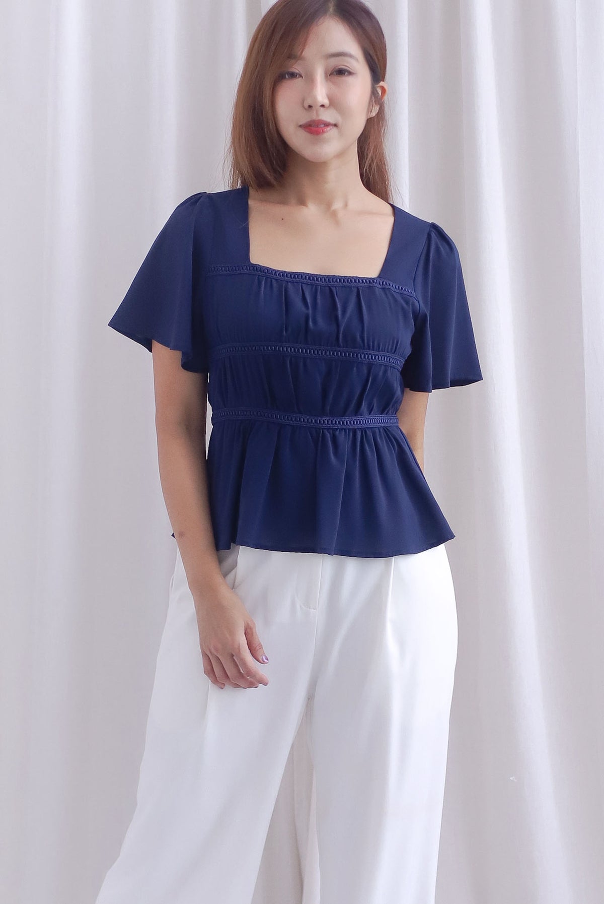 [BY TDC LABEL] Giselle Flutter Sleeve Lattice Top In Navy Blue