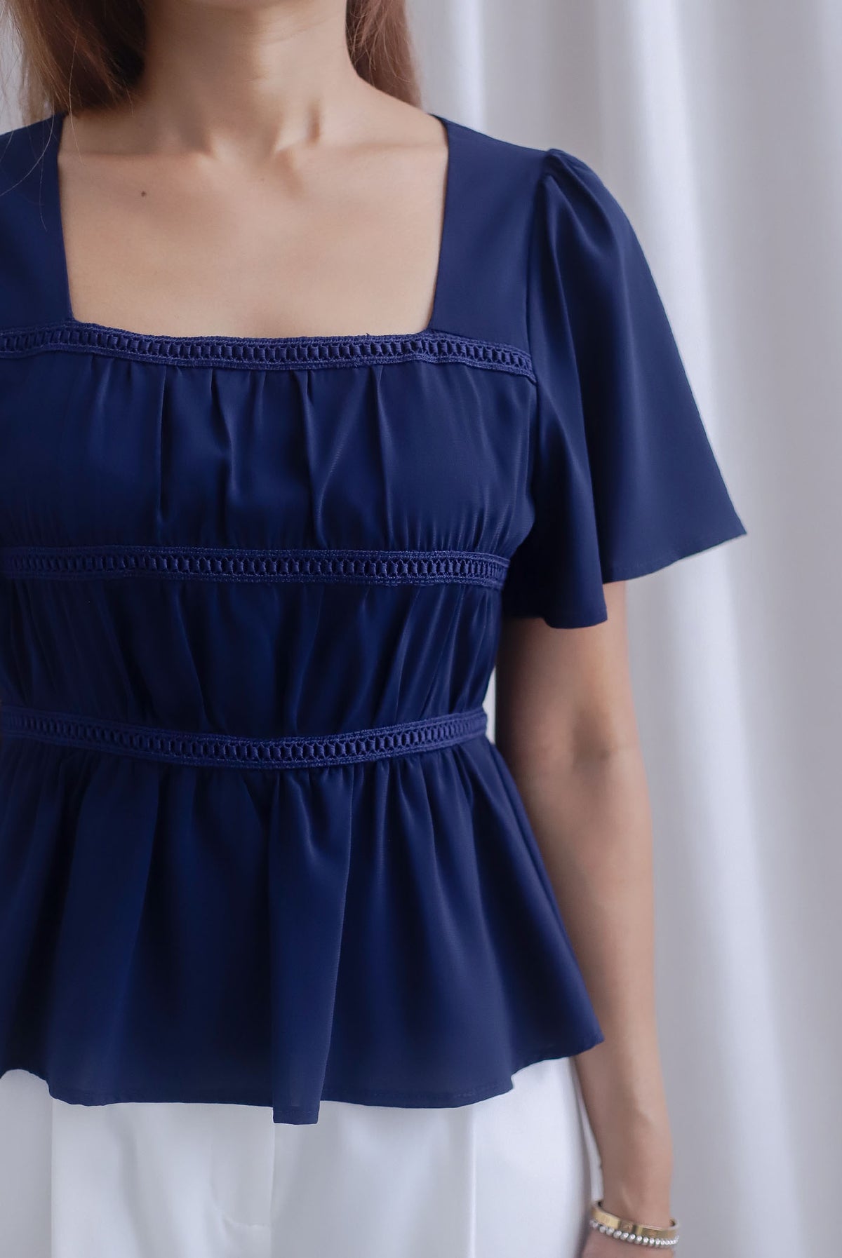 [BY TDC LABEL] Giselle Flutter Sleeve Lattice Top In Navy Blue