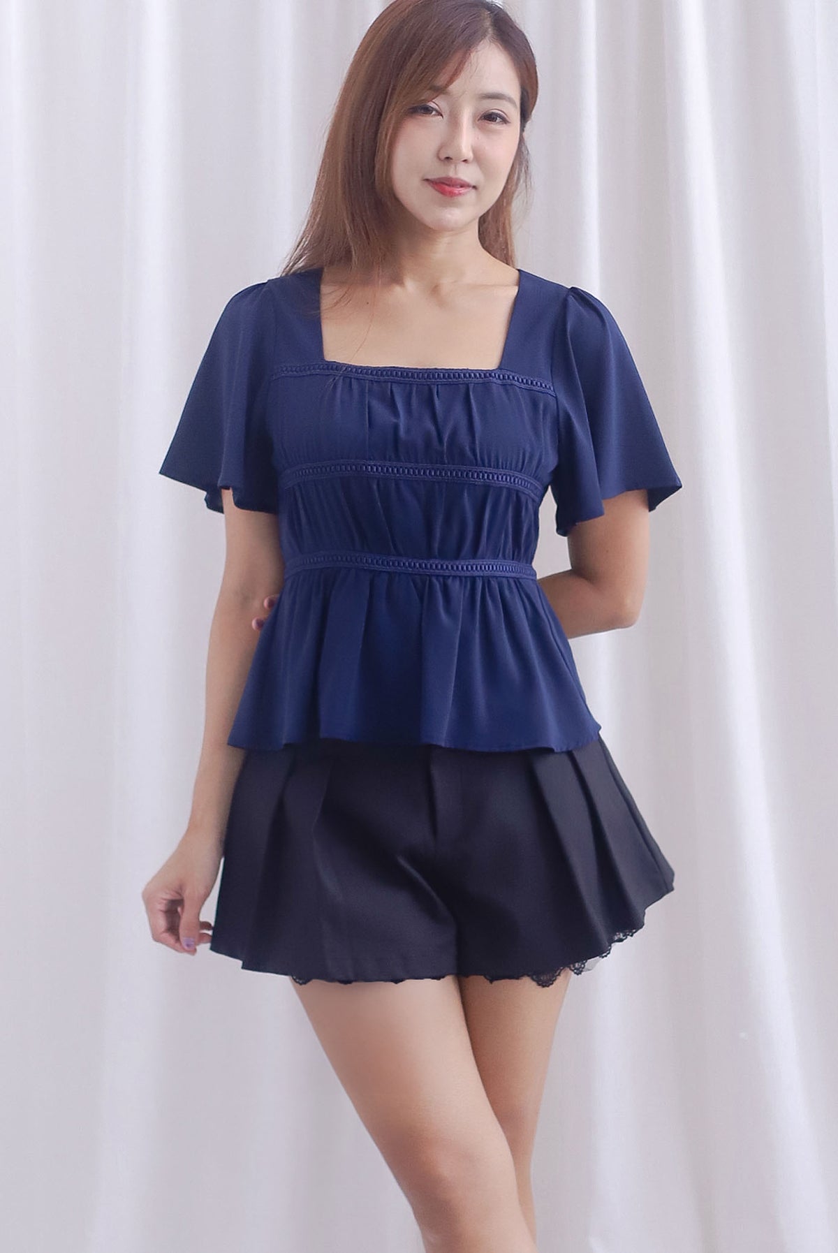 [BY TDC LABEL] Giselle Flutter Sleeve Lattice Top In Navy Blue