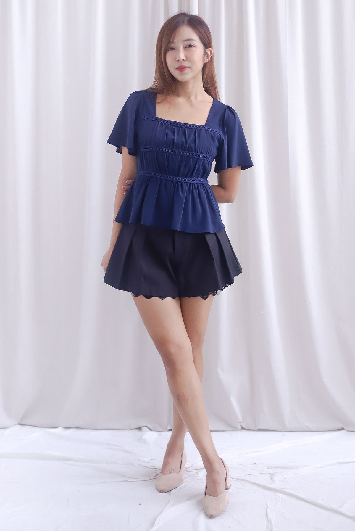 [BY TDC LABEL] Giselle Flutter Sleeve Lattice Top In Navy Blue