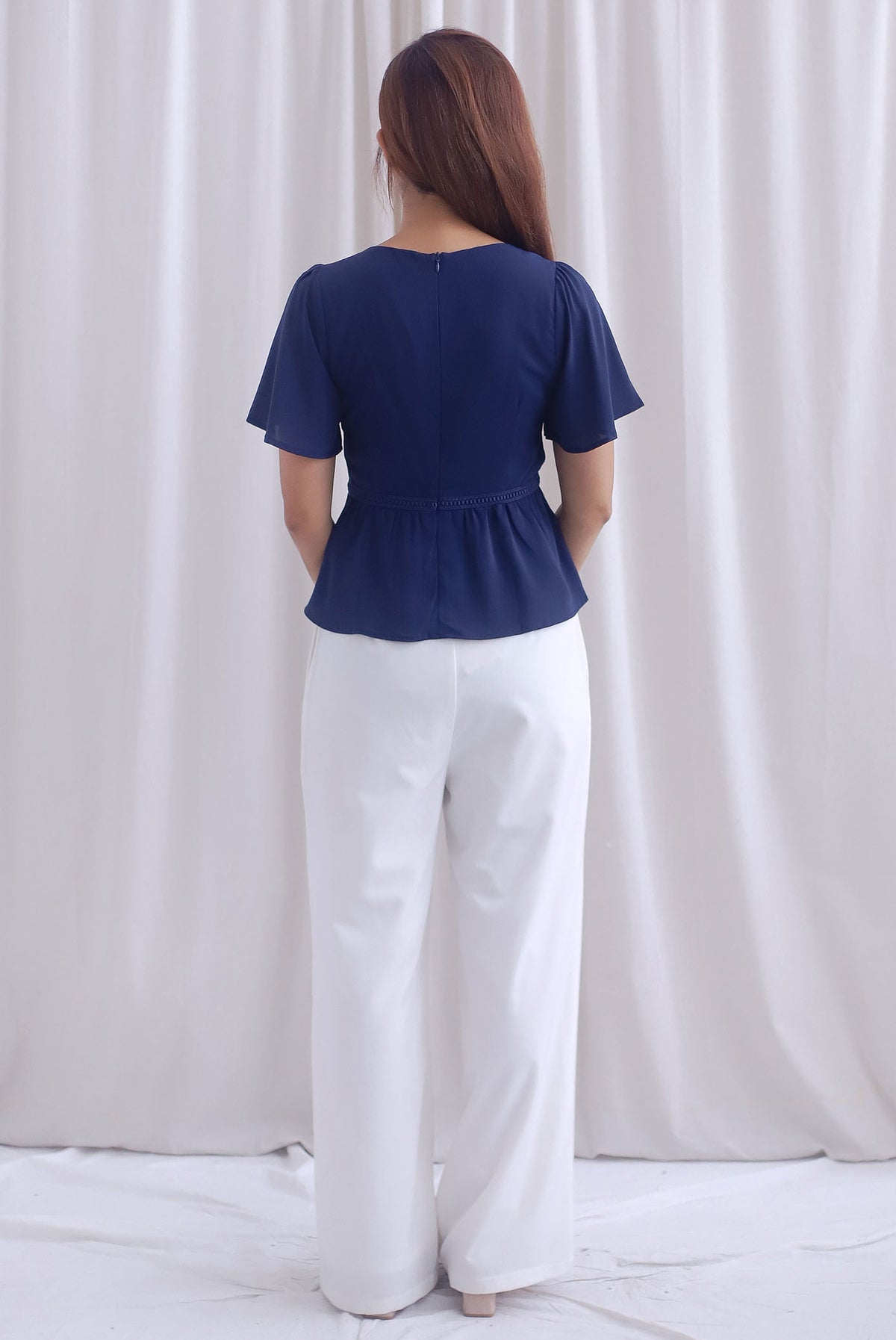 [BY TDC LABEL] Giselle Flutter Sleeve Lattice Top In Navy Blue
