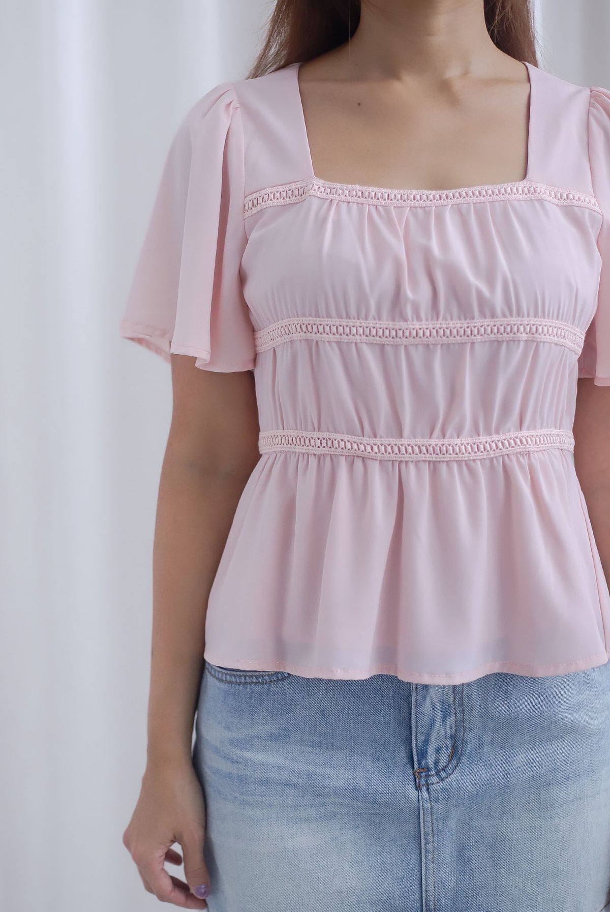 [BY TDC LABEL] Giselle Flutter Sleeve Lattice Top In Pink