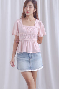 Anastasia Pleated Trim Denim Skirt In Light Wash