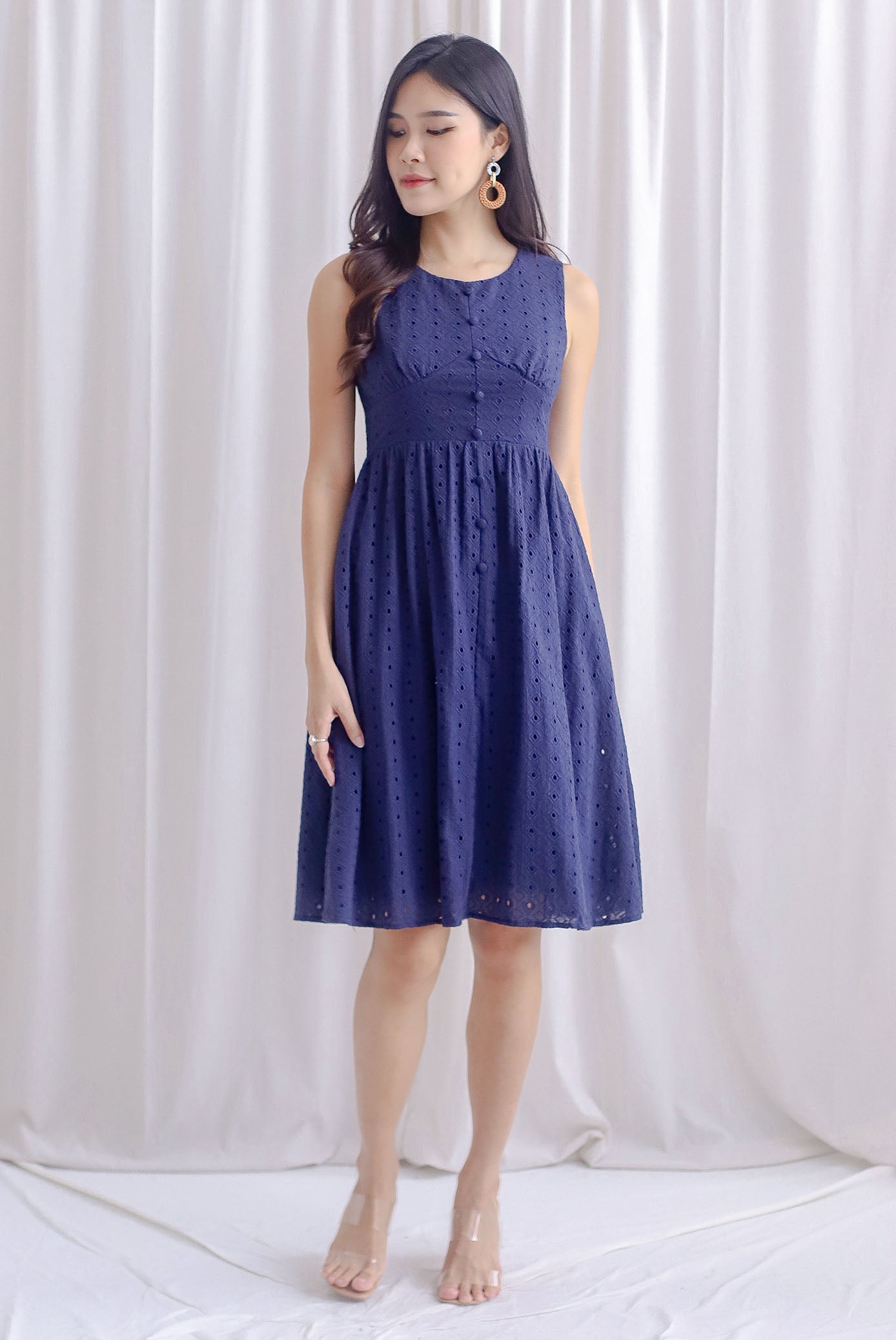 Gracie Eyelet Bustier Buttons Dress In Navy Blue