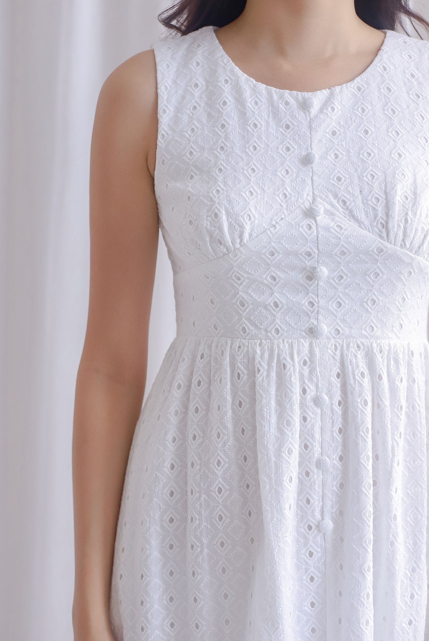 Gracie Eyelet Bustier Buttons Dress In White