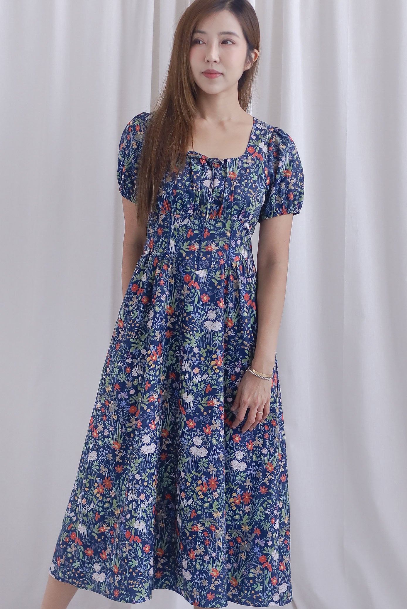 Grainger Ruched Lattice Corset Sleeve Midi Dress In Navy Floral