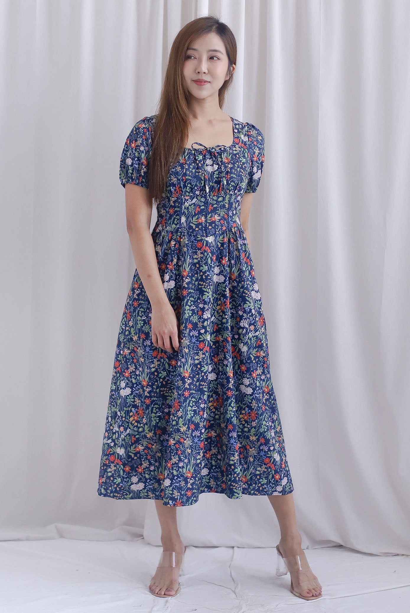 Grainger Ruched Lattice Corset Sleeve Midi Dress In Navy Floral