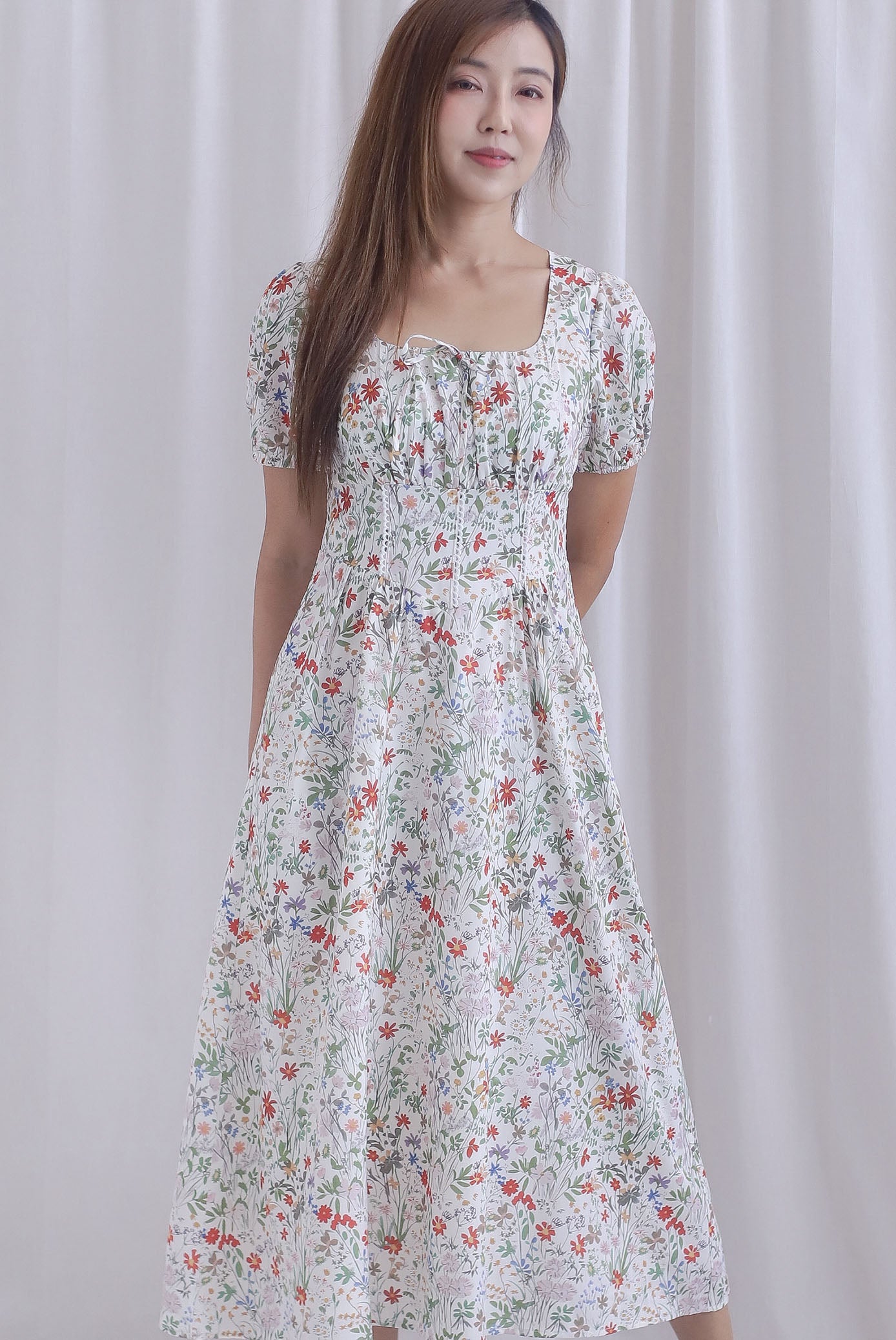 Grainger Ruched Lattice Corset Sleeve Midi Dress In Cream Floral