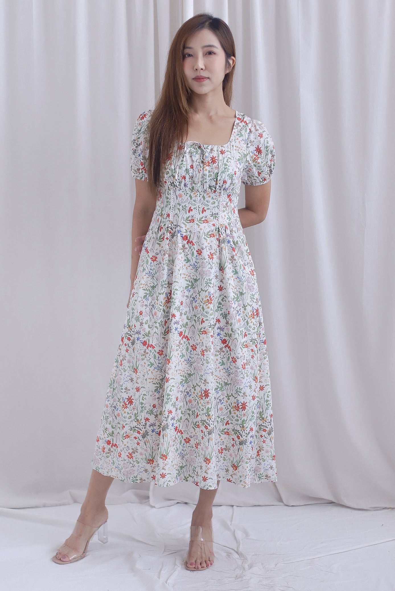 Grainger Ruched Lattice Corset Sleeve Midi Dress In Cream Floral