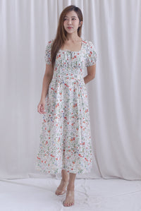 Grainger Ruched Lattice Corset Sleeve Midi Dress In Cream Floral