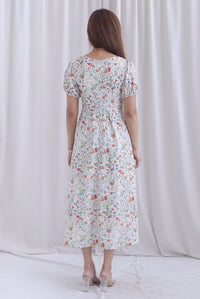 Grainger Ruched Lattice Corset Sleeve Midi Dress In Cream Floral