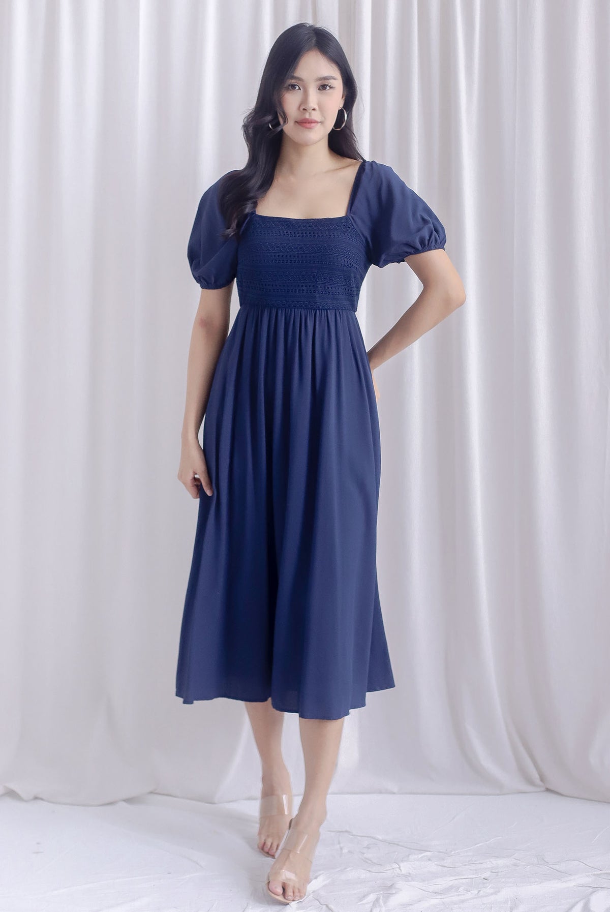 Grizelle Puffy Sleeve Lace Maxi Dress In Navy Blue