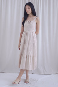 Gwen Empire Tie Front Embro Maxi Dress In Cream