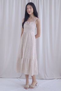 Gwen Empire Tie Front Embro Maxi Dress In Cream