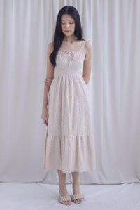 Gwen Empire Tie Front Embro Maxi Dress In Cream