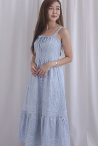 Gwen Empire Tie Front Embro Maxi Dress In Skyblue