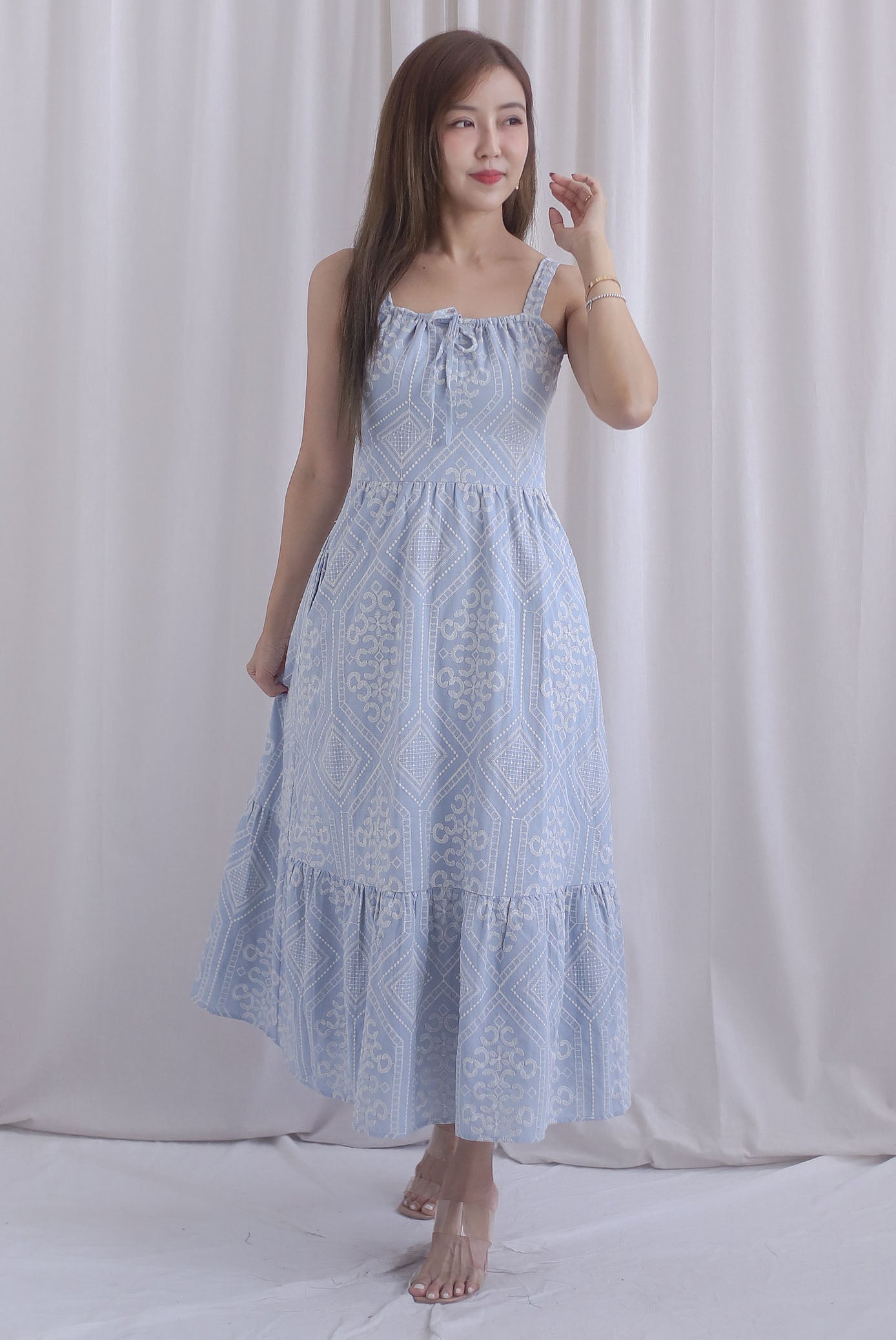 Gwen Empire Tie Front Embro Maxi Dress In Skyblue
